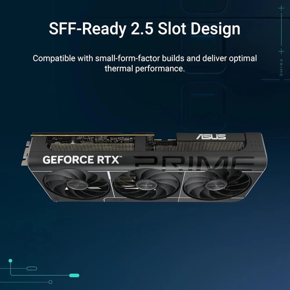 بطاقة رسوميات برايم جي فورس RTX 5070 GDDR7، تدعم منفذ PCIe 5.0، مزودة بمخرج HDMI و منفذ عرض رقمي 2.1 وفتحة 2.5 ومراوح بالتدفق المحوري مناسبة للحواسب ذات الحجم الصغير،12 جيجابايت، من اسوس