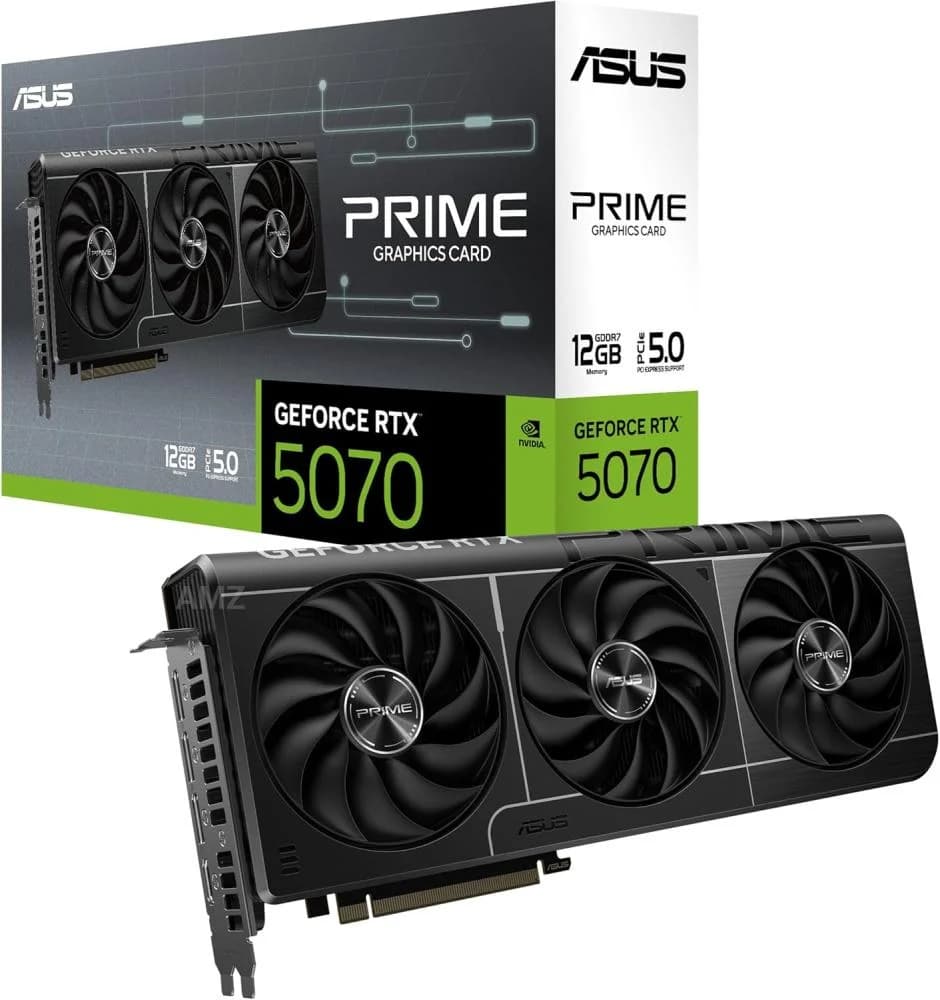 بطاقة رسوميات برايم جي فورس RTX 5070 GDDR7، تدعم منفذ PCIe 5.0، مزودة بمخرج HDMI و منفذ عرض رقمي 2.1 وفتحة 2.5 ومراوح بالتدفق المحوري مناسبة للحواسب ذات الحجم الصغير،12 جيجابايت، من اسوس