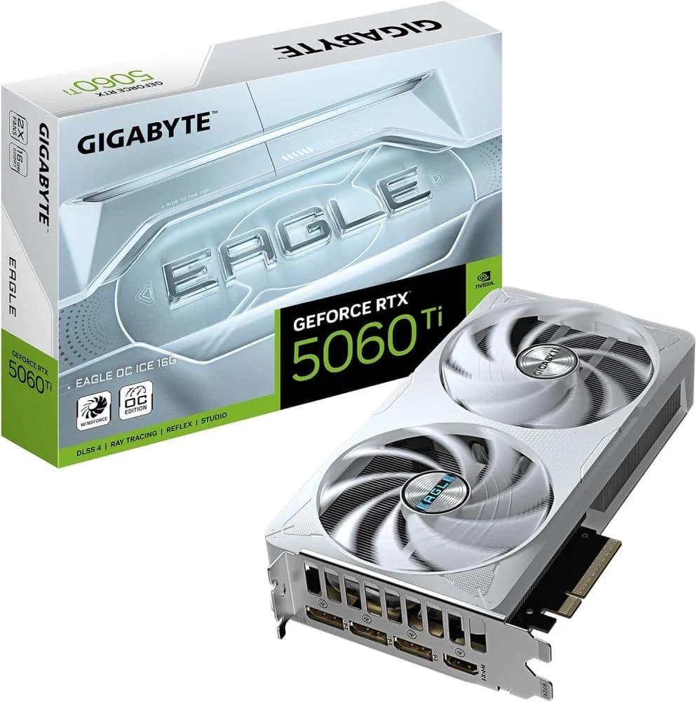 بطاقة رسومات جيفورس RTX 5060 Ti ايجل او سي ايس 16G - 16GB GDDR7، 128 بت، منفذ PCI-E 5.0، 2617MHz، 3 × منفذ عرض، 1 × HDMI، GV-N506TEAGLEOC ICE-16GD من جيجابايت